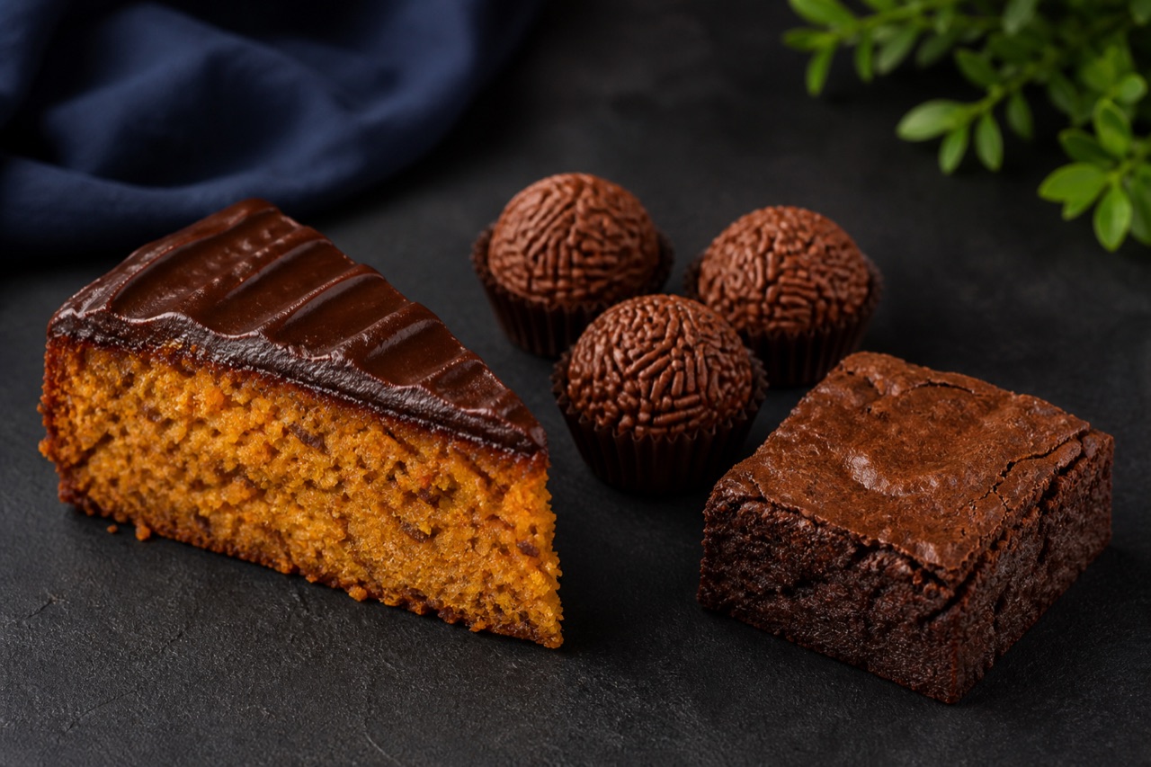 Fatia de bolo de cenoura, brigadeiros e brownie em uma bancada escura