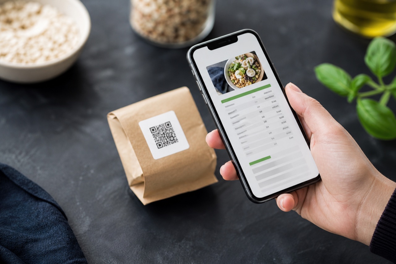 Celular lendo um QR code em uma embalagem de alimento